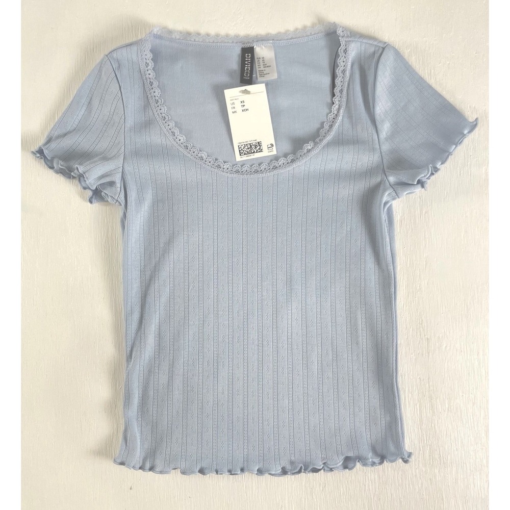 NEW H&M Divided LACE-TRIMMED POINTELLE T-SHIRT Light‎ Baby Blue Women's XS
